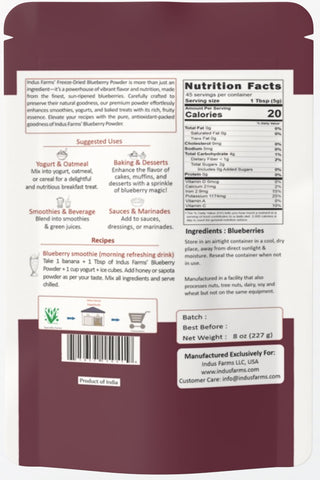 Indus Farms Superfoods Freeze Dried Blueberry Powder, GMO-Free, Vegan, 100% Pure