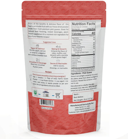 Indus Farms Superfoods Freeze Dried Pink Guava Fruit Powder, Additive-Free, GMO-Free, Vegan