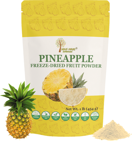 Package of pineapple freeze-dried fruit powder with pineapple illustration on a white background