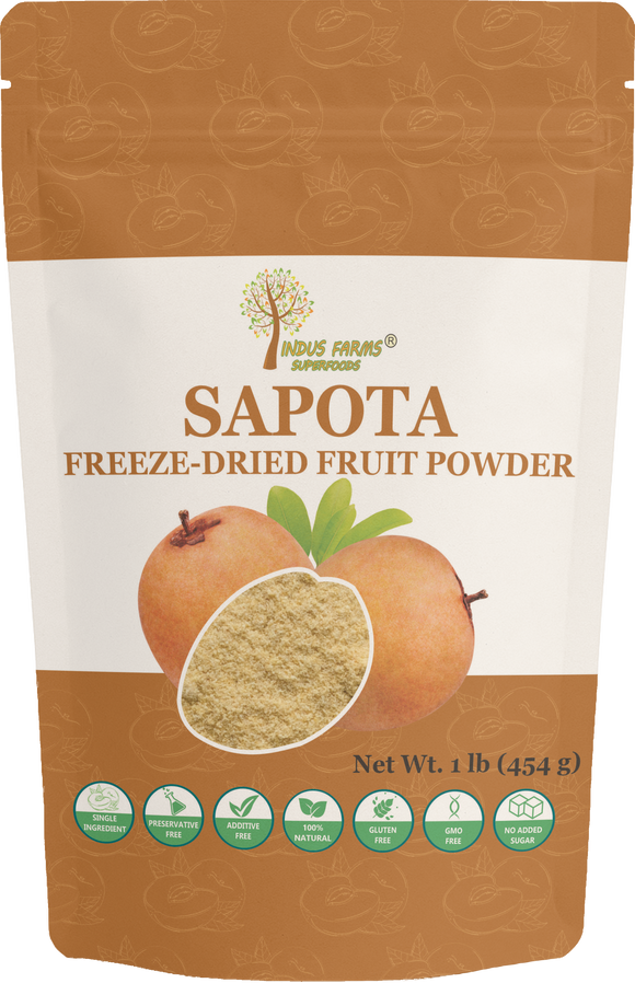 Package of Sapota freeze-dried fruit powder with brand logo and product name on a white background 1 LB Sapota Chikoo Fruit Powder 1 LB sweet caramel indus farms supefoods brown sugar
