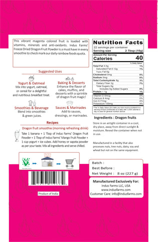 Indus Farms Superfoods | Freeze Dried Dragon Fruit Powder (Pitaya) | Vibrant Pink Superfood | Rich in Fiber & Antioxidants | Perfect for Smoothies, Baking & Bowls | Non-GMO, Vegan