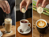 coffee drink with freeze dried sugarcane fruit powder being added to different types of coffee.