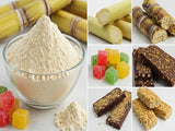 Collage of images including a bowl of powder, sugar cane, gummy candies, and energy bars made from freeze dried sugarcane fruit powder