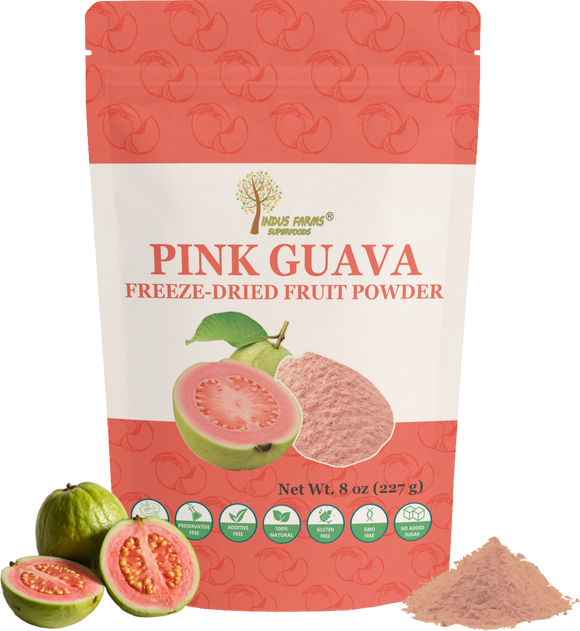 Pink guava freeze-dried fruit powder package with guava illustrations on a white background