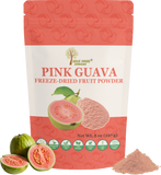 Pink guava freeze-dried fruit powder package with guava illustrations on a white background