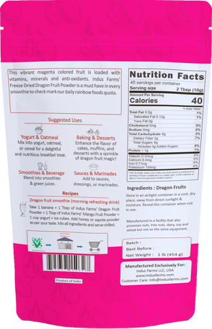 Indus Farms Superfoods | Freeze Dried Dragon Fruit Powder (Pitaya) | Vibrant Pink Superfood | Rich in Fiber & Antioxidants | Perfect for Smoothies, Baking & Bowls | Non-GMO, Vegan