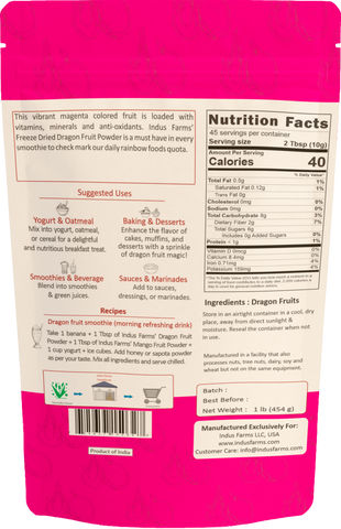 Indus Farms Superfoods | Freeze Dried Dragon Fruit Powder (Pitaya) | Vibrant Pink Superfood | Rich in Fiber & Antioxidants | Perfect for Smoothies, Baking & Bowls | Non-GMO, Vegan