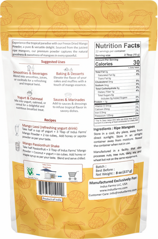 Package of mango freeze-dried fruit powder with mango illustration and branding.