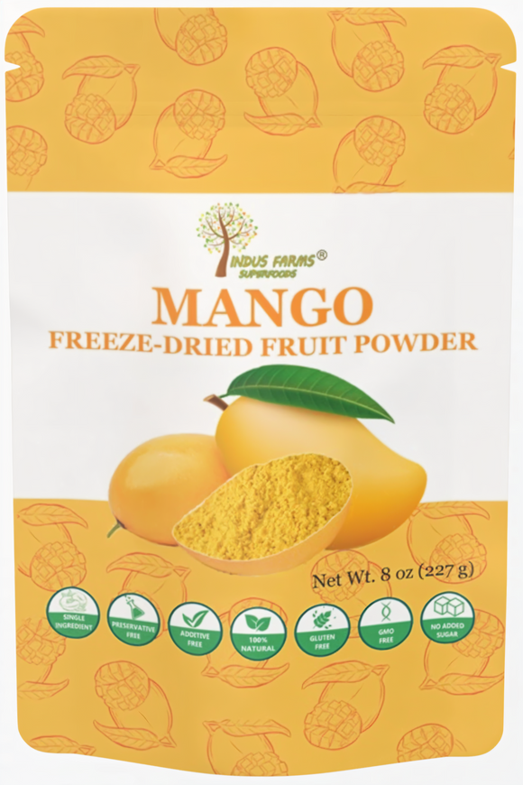 Package of mango freeze-dried fruit powder with mango illustration and branding.