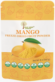 Package of mango freeze-dried fruit powder with mango illustration and branding.