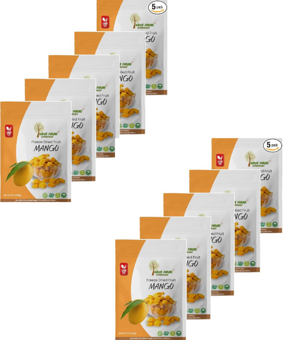 Multiple packages of freeze dried mango dices with visible brand logo on a white background