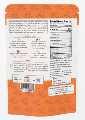 Indus Farms Superfoods Freeze Dried Papaya Fruit Powder, GMO-Free, Additive-Free, Vegan