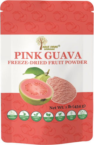 Pink guava freeze-dried fruit powder package with guava illustrations on a white background