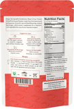 Nutrition facts label on a red package with text and graphics.