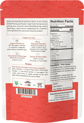 Pink guava freeze-dried fruit powder packaging with images of pink guava and brand logo.