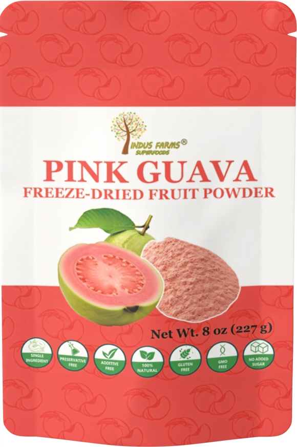 Pink guava freeze-dried fruit powder packaging with images of pink guava and brand logo.