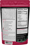 The back of a red stand-up pouch showing printed product information, including a nutrition facts panel, ingredients list, popular uses, and a barcode, on a plain white background.