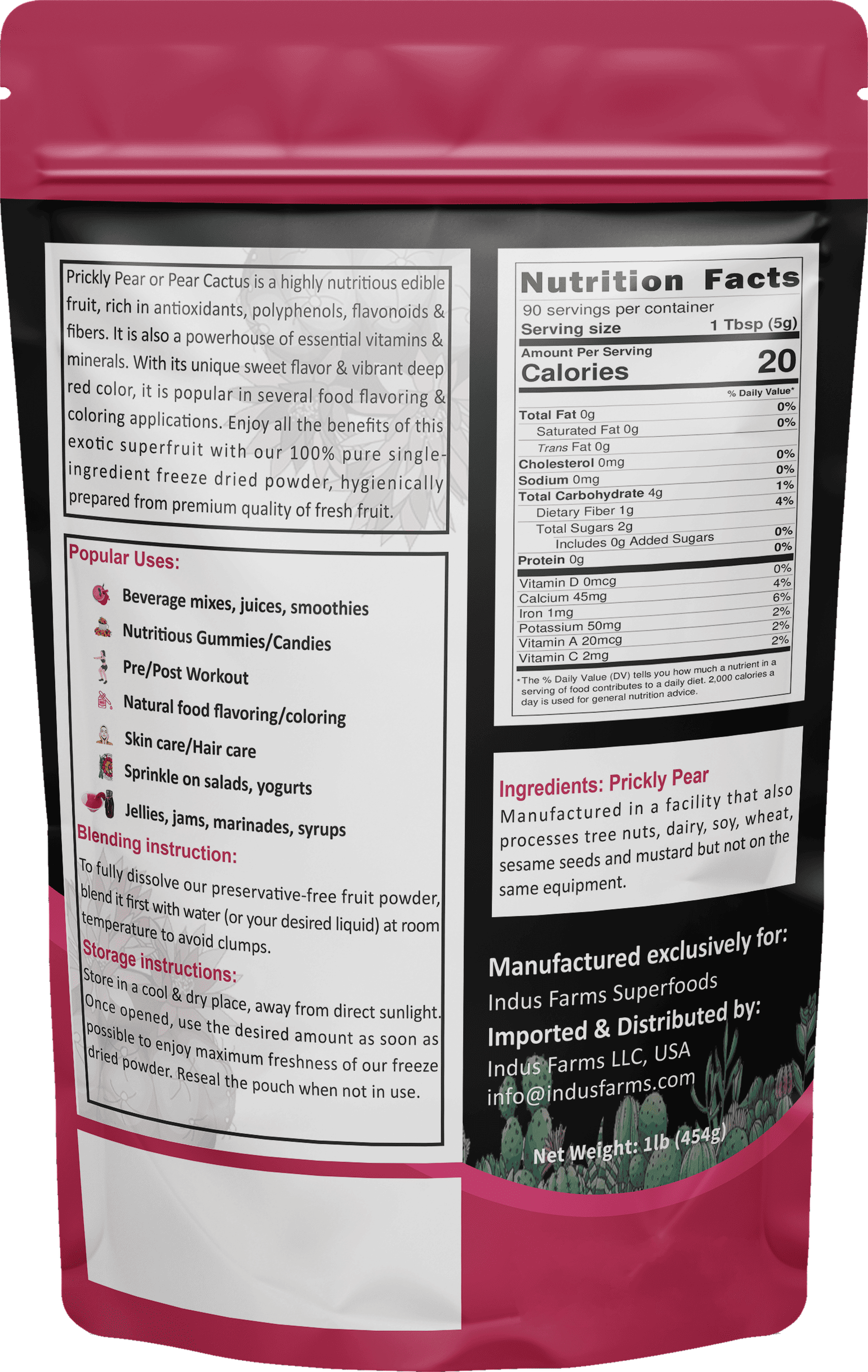 prickly pear cactus nutrition Indus Farms Superfoods Freeze Dried Prickly Pear Powder, 100% Pure, GM